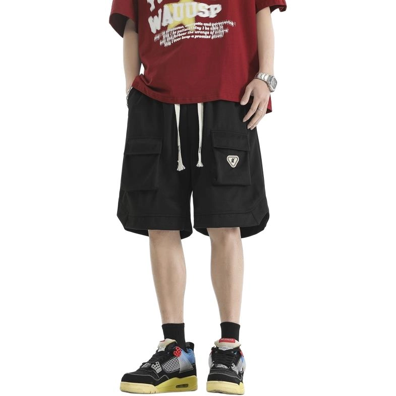 左岸 美式夏季轻薄款纯色宽松休闲直筒系带松紧腰中裤大口袋百搭五分裤工装短裤 男款