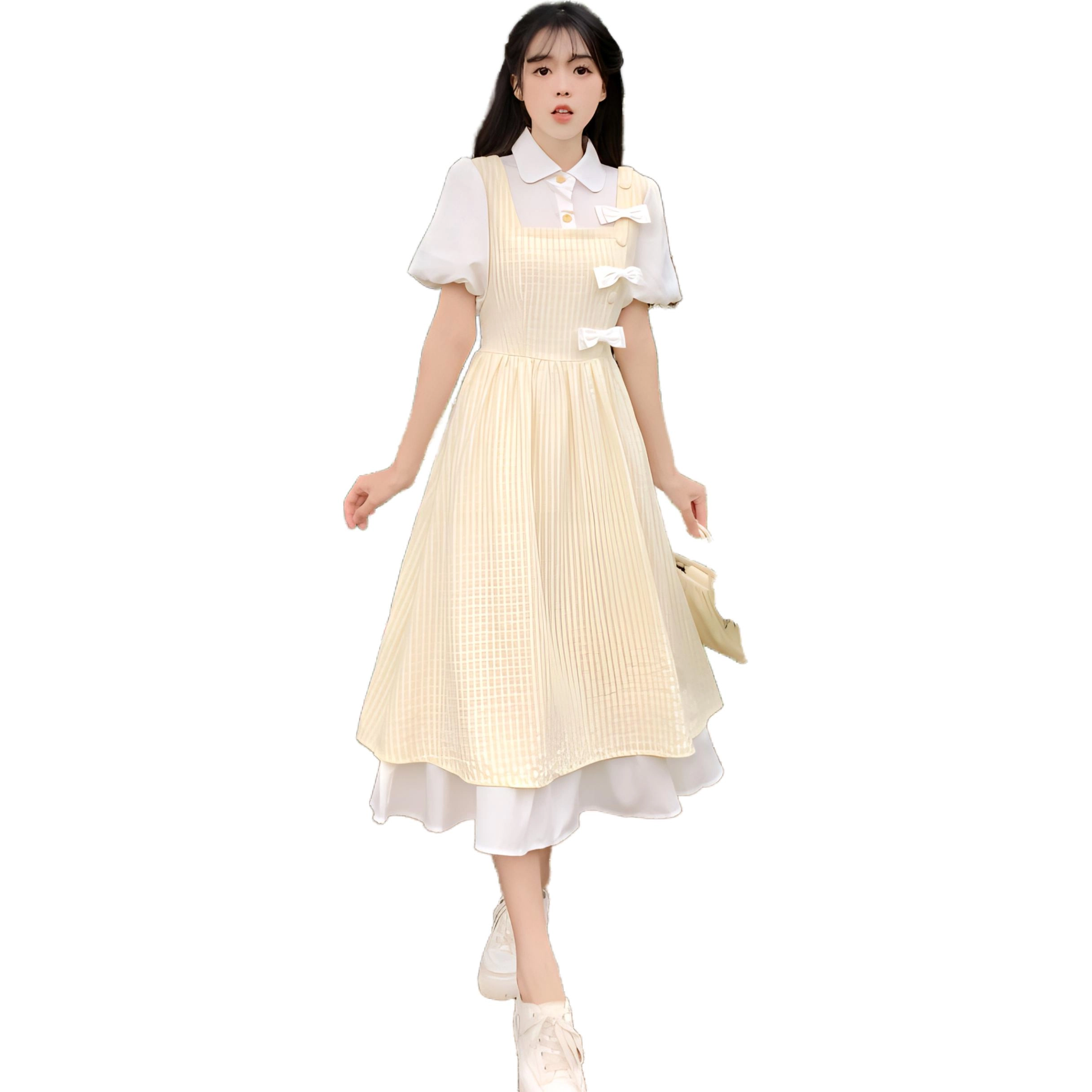 沐晓欣 少女夏装初中高中学生甜美新中式长裙子短袖连衣裙 女款 黄色