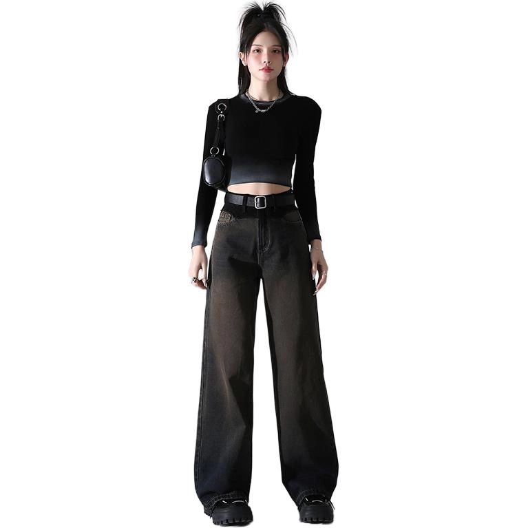 玫丝朵 美式复古高腰宽松直筒水洗做旧牛仔裤 女款 灰咖色