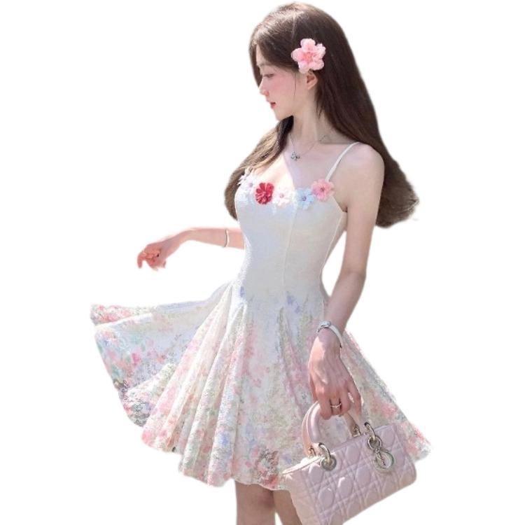 格子苔 碎花显瘦设计感小裙子吊带连衣裙 女款