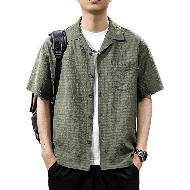 前进牛 美式休闲经典潮牌复古肌理感莱赛尔夏季宽松潮牌宽松短袖衬衫 男女同款