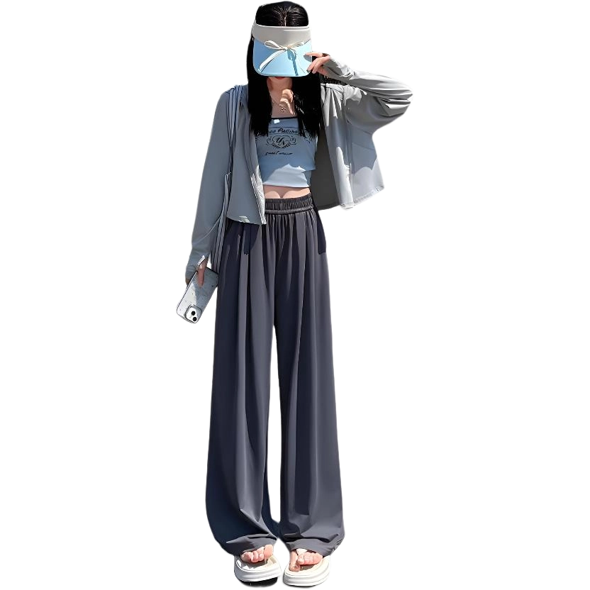 欧迪芬 暴汗速干冰丝凉感爽滑触感夏季薄款女士裤白色云朵奶芙山本阔腿裤透气时尚舒适简约轻盈百搭显瘦垂感直筒拖地休闲针织运动裤 女款