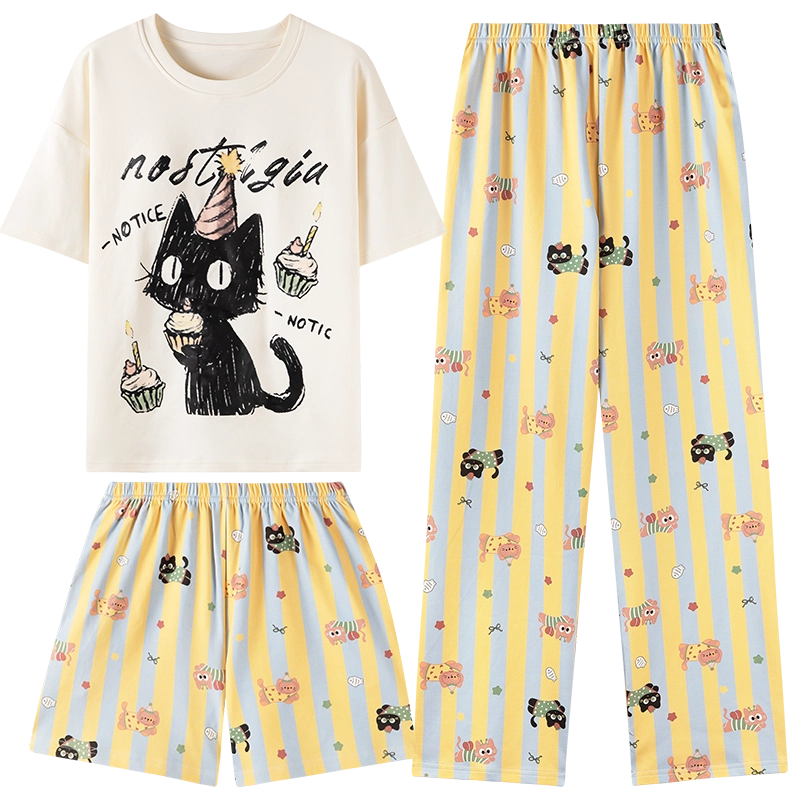 夏芬妍 亲肤舒适条纹蛋糕小猫纯棉圆领带胸垫家居服柔软休闲短袖三件套时尚可外穿 睡衣套装 女款