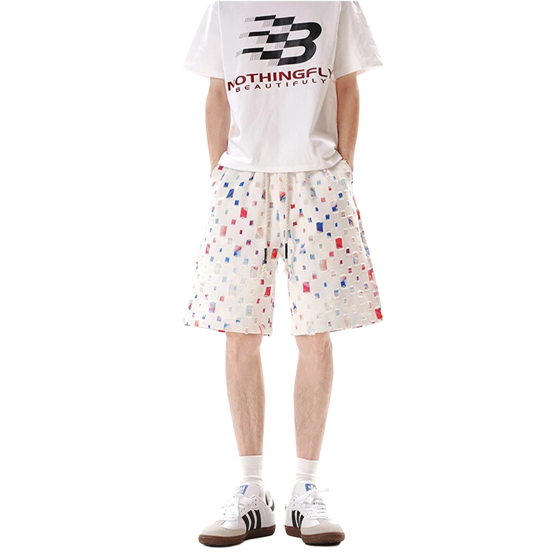佑麟 彩色格子潮牌设计感外穿五分裤美式宽松破洞休闲短裤 男女同款