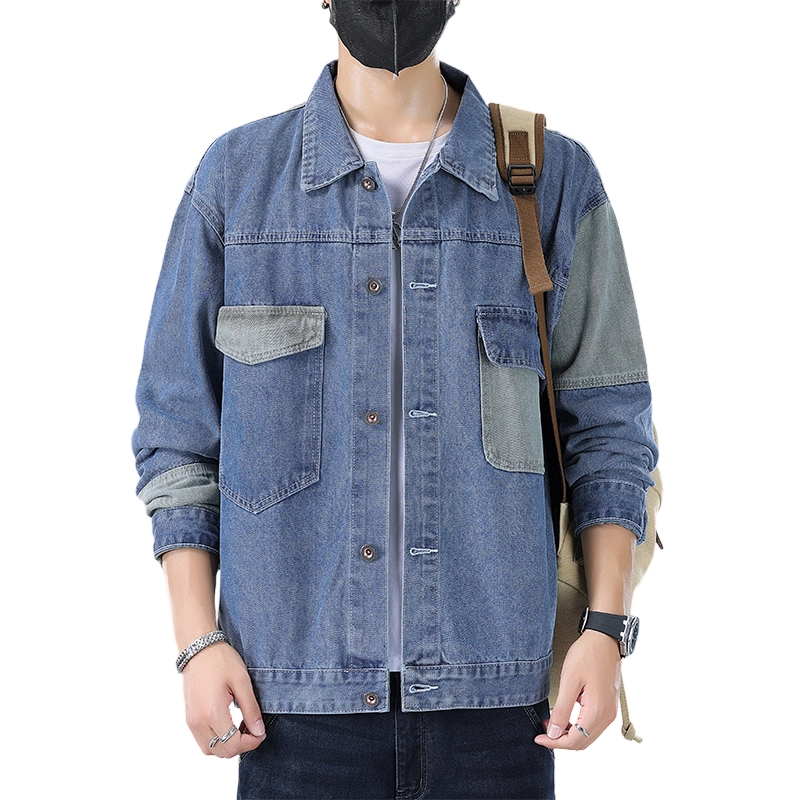 赛瀚 高街帅气水洗夹克男士时尚潮牌外搭翻领上衣服男生青少年拼色贴布简约舒适宽松休闲百搭男美式复古男牛仔外套 男女同款