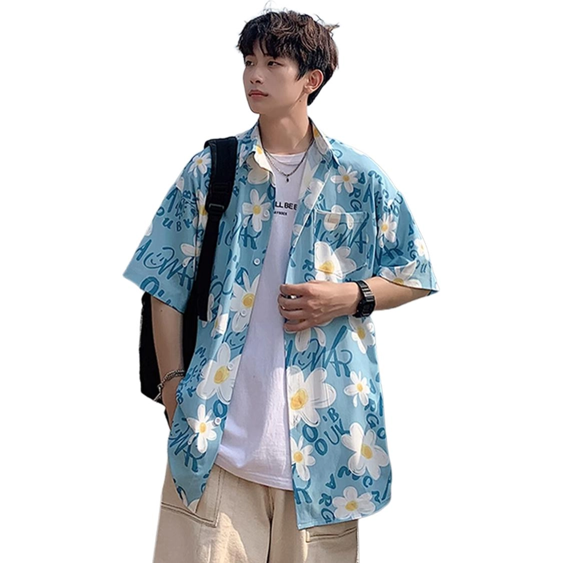 徐百货 薄款透气夏威夷沙滩衬衣痞帅大码宽松外套潮流百搭短袖衬衫 男女同款