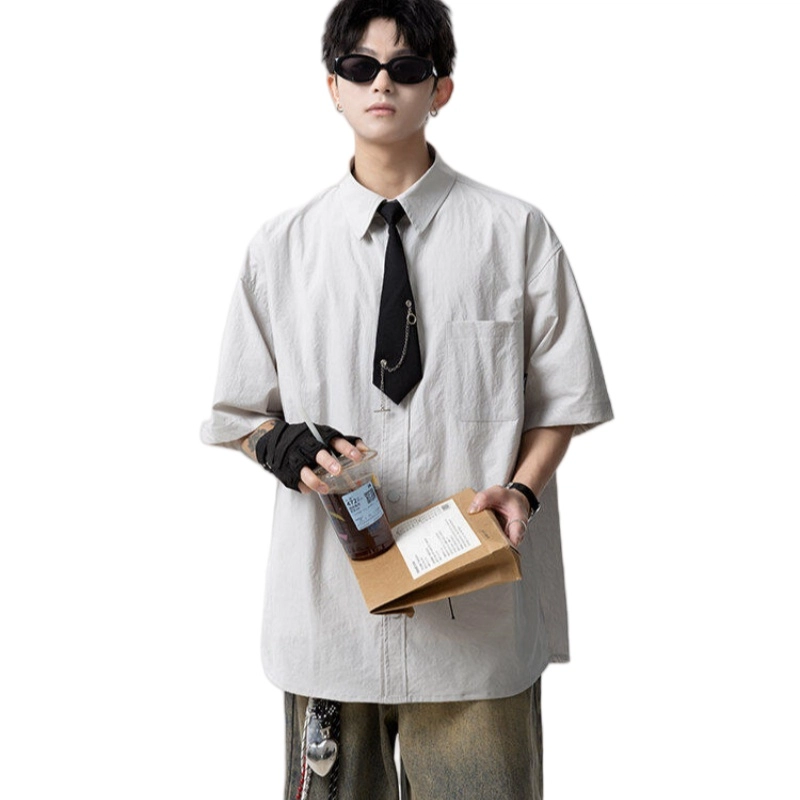 加荣 美式冰丝速干工装短袖衬衫男款夏季轻薄透气潮牌青少年户外出行百搭纯色痞帅小众高级感衬衣休闲外套上衣 男女同款