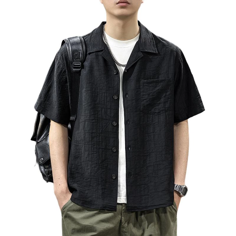前进牛 轻奢韩风休闲时尚慵懒风潮流高级感提花古巴领男夏季薄款宽松短袖衬衫 男女同款