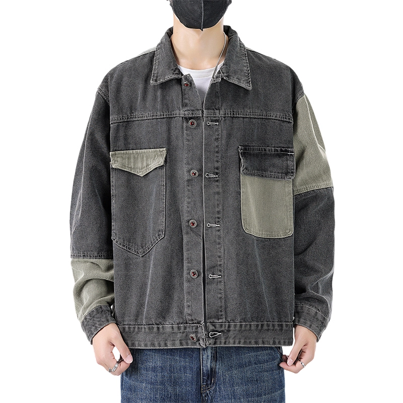 赛瀚 高街帅气水洗夹克男士时尚潮牌外搭翻领上衣服男生青少年拼色贴布简约舒适宽松休闲百搭男美式复古男牛仔外套 男女同款