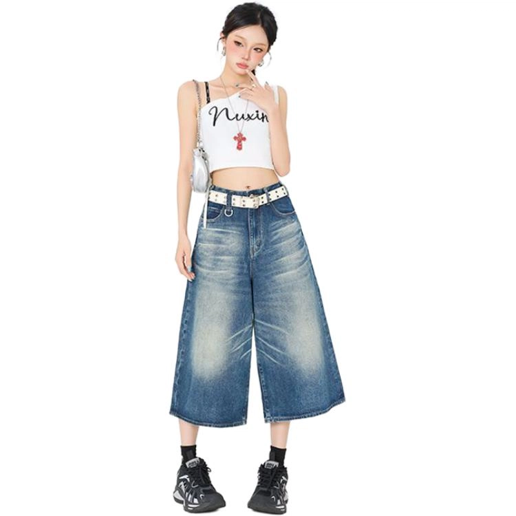 么宁 复古休闲松弛感宽松阔腿百搭垂感慵懒牛仔裤 女款
