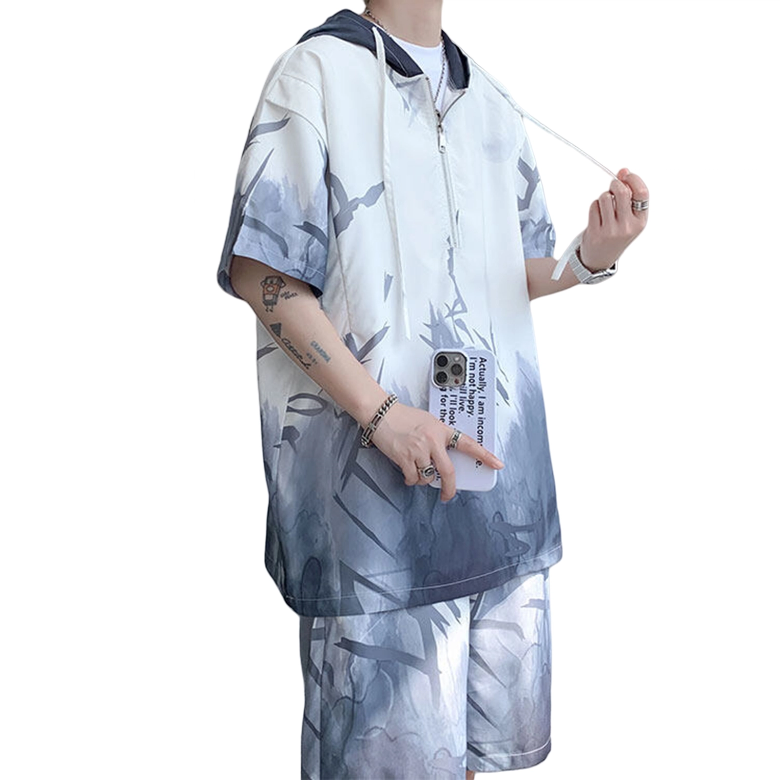 哲源 新中式国风潮流设计小众时尚个性痞帅宽松简约高级感扎染连帽短袖舒适凉感百搭短裤休闲运动套装 男女同款