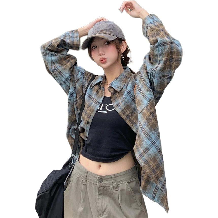 颂希尔 美式复古格子春秋休闲宽松高街高级感百搭衬衣外套长袖衬衫 男女同款