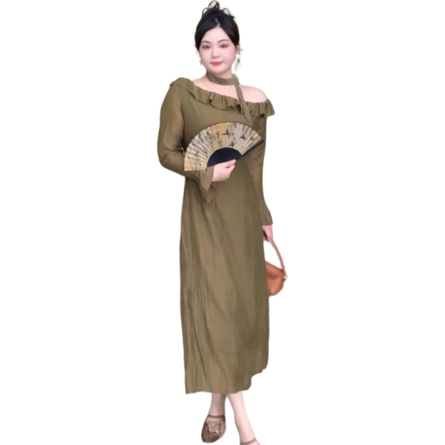 哒头下雨不愁 高级气质显瘦斜襟盘扣长袖连衣裙 女款 黄绿色