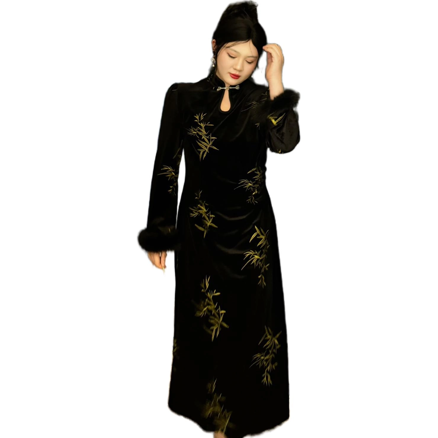 哒头下雨不愁 新中式大码旗袍领长袖连衣裙 女款