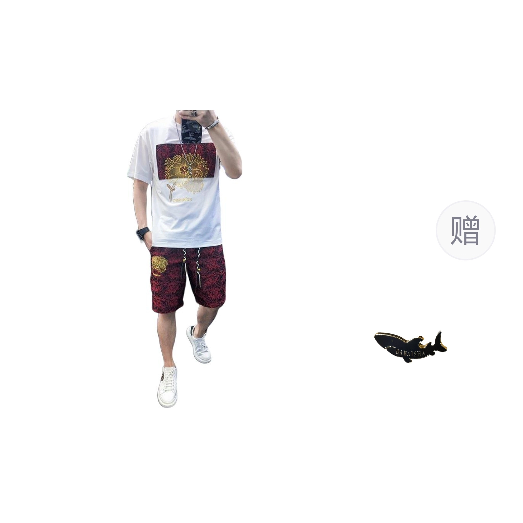 大白鲨 夏季时尚欧货短袖青年帅气长裤休闲两件套套装 男款