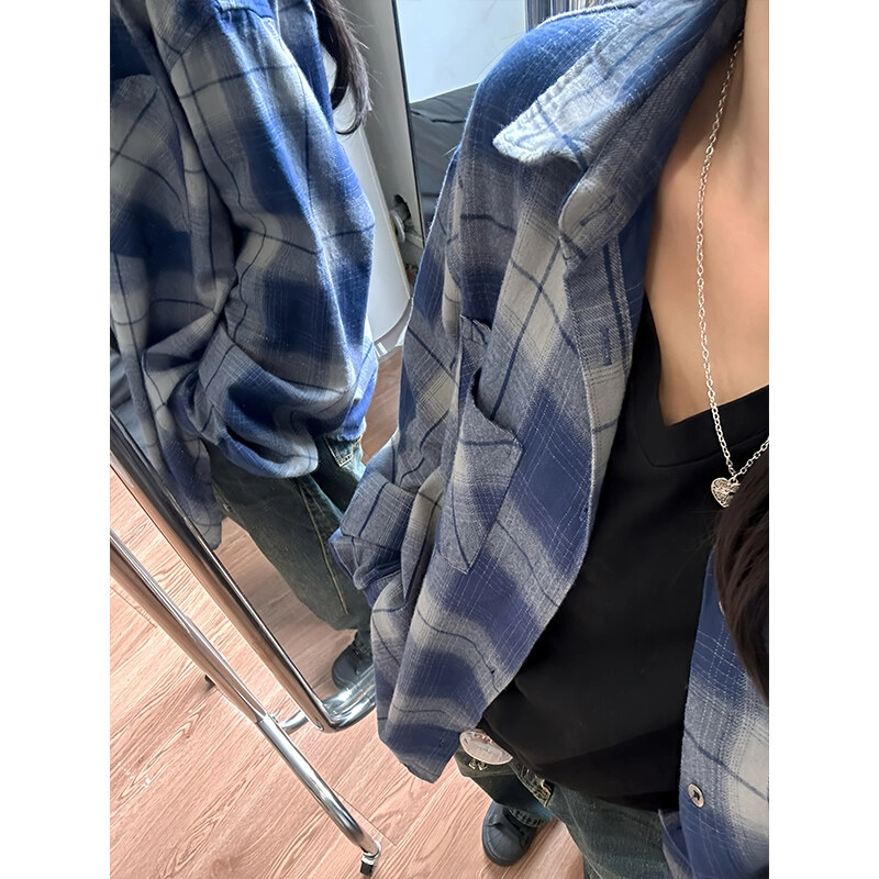 佑麟 美式复古做旧渐变设计高级感格纹衬衫长袖宽松情侣格子衬衣外套上衣  男女同款