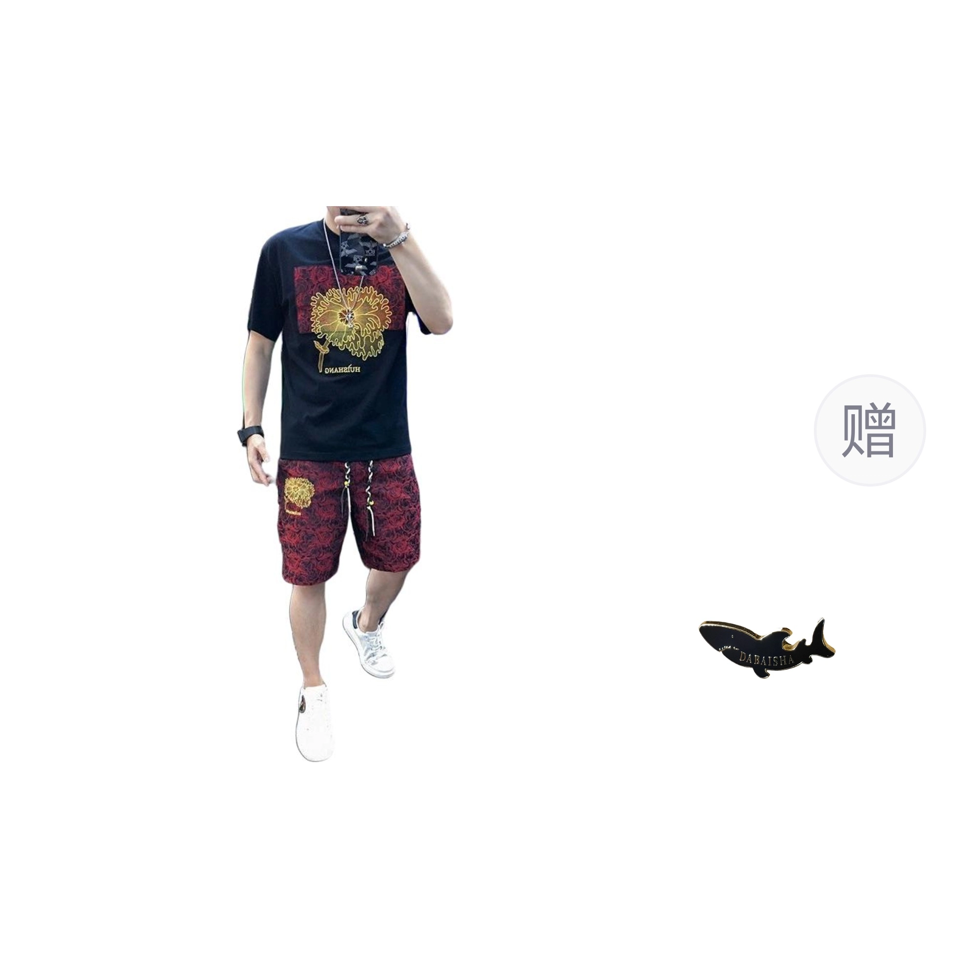 大白鲨 夏季时尚欧货短袖青年帅气长裤休闲两件套套装 男款