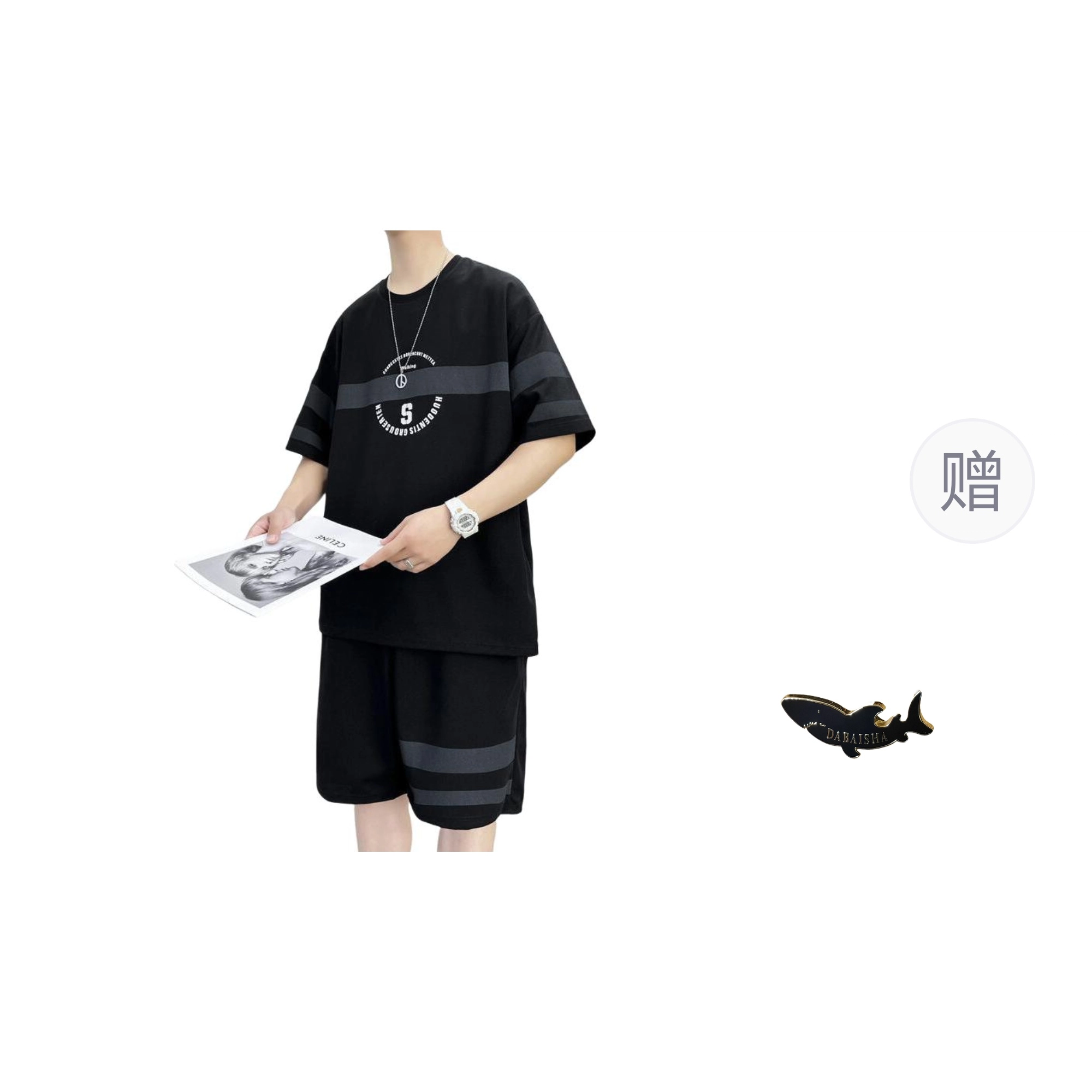 大白鲨 品牌高端欧版夏季时尚欧货短袖青年帅气长裤休闲两件套套装 男款
