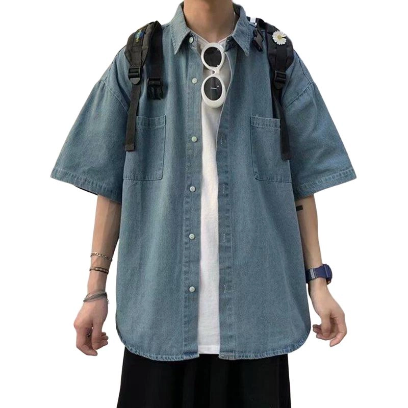 寻星记 韩版潮牌牛仔百搭透气休闲少年感短袖衬衫 男女同款