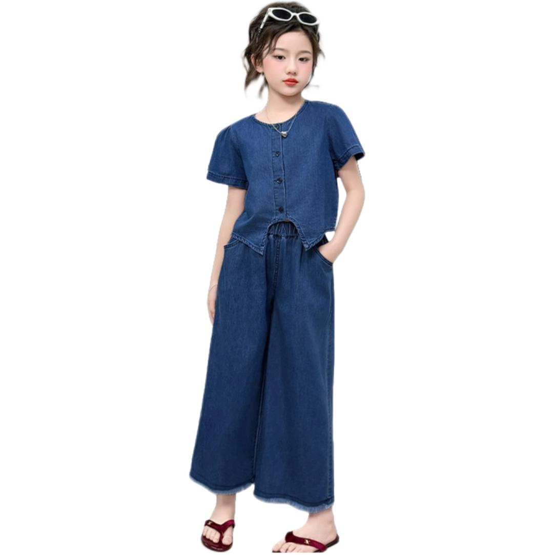 天才小熊休闲运动套装 女童夏季大童潮牌小孩衣服 小女孩 蕾丝牛仔 洋气时髦 漂亮 甜美舒适