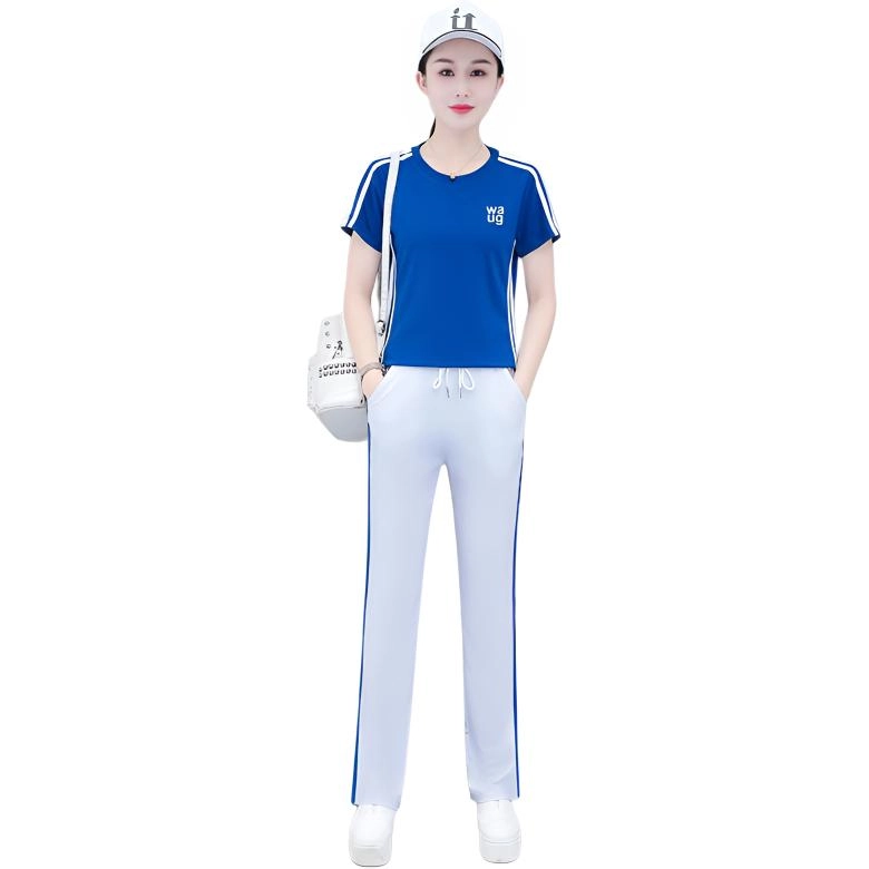 左岸 夏季简约时尚气质潮流活力纯色圆领日常通勤户外运动修身显瘦显高柔软亲肤舒适轻便短袖上衣直筒长裤两件套休闲套装 女款