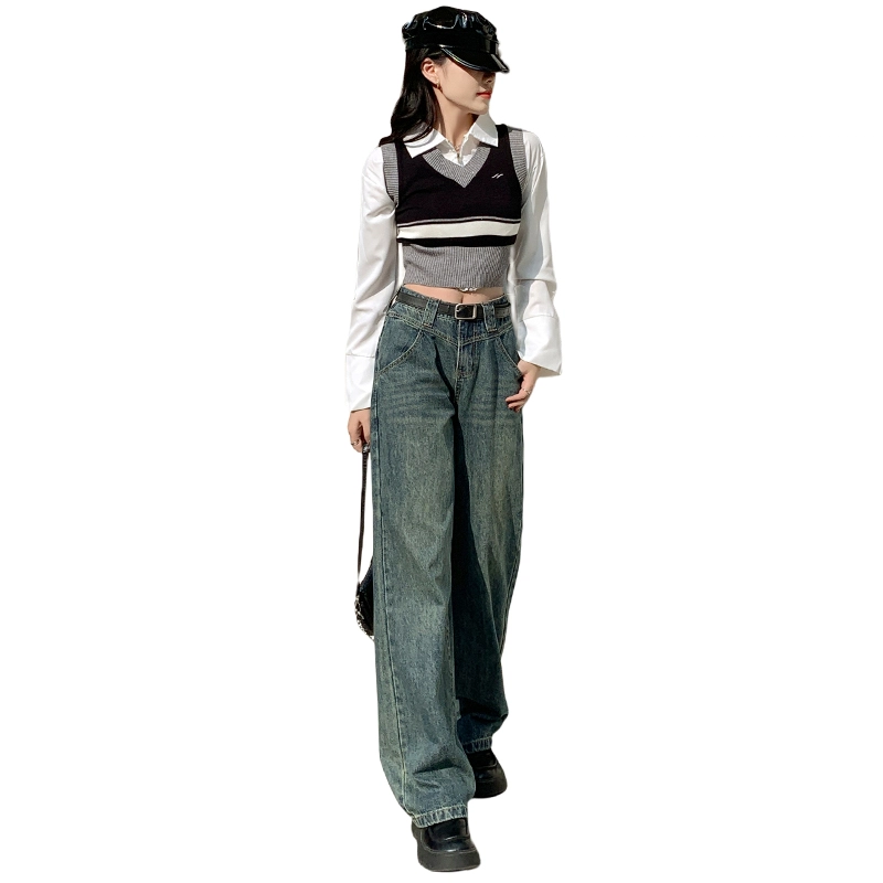 玫丝朵 美式复古学院风做旧高腰宽松直筒牛仔裤 女款