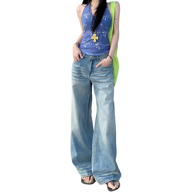 人本 美式复古水洗显瘦直筒垂感折痕宽松阔腿牛仔裤 女款
