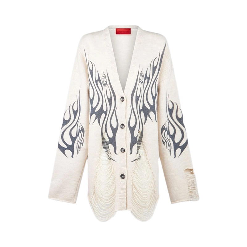 Vision of Super White Cardigan With Black Tribal Flames V