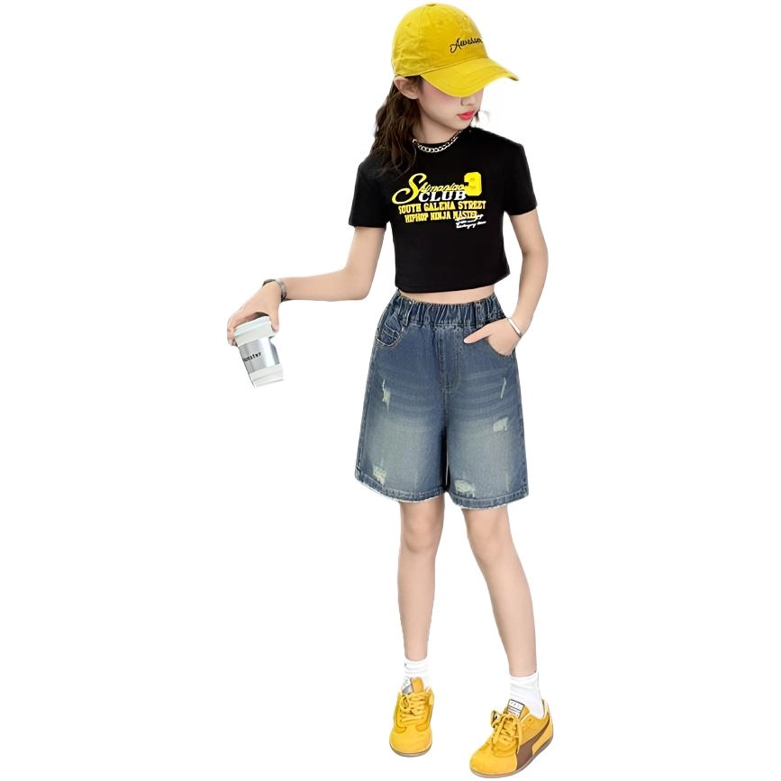 天才小熊女童夏季运动裤大童潮牌小孩衣服 青少年 破洞牛仔短裤  洋气时髦 韩版直筒板儿童运动裤 青少年