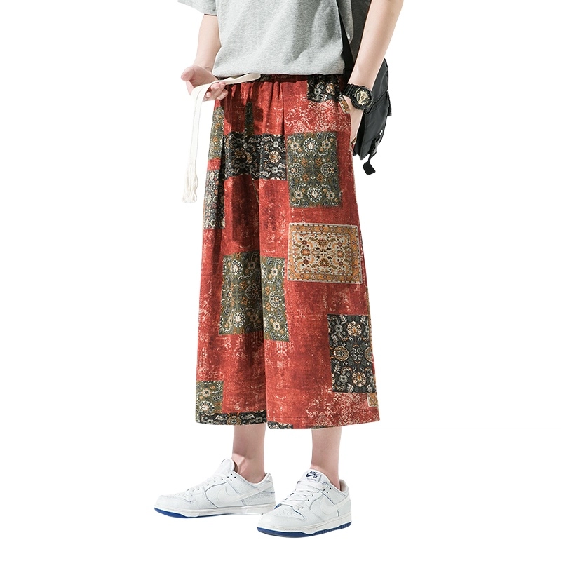 加荣 新中式复古七分裤男夏季轻薄透气潮牌青少年日常出行百搭男裤宽松休闲小众抽绳松紧腰大码中国风棉麻直筒沙滩阔腿裤短裤 男女同款