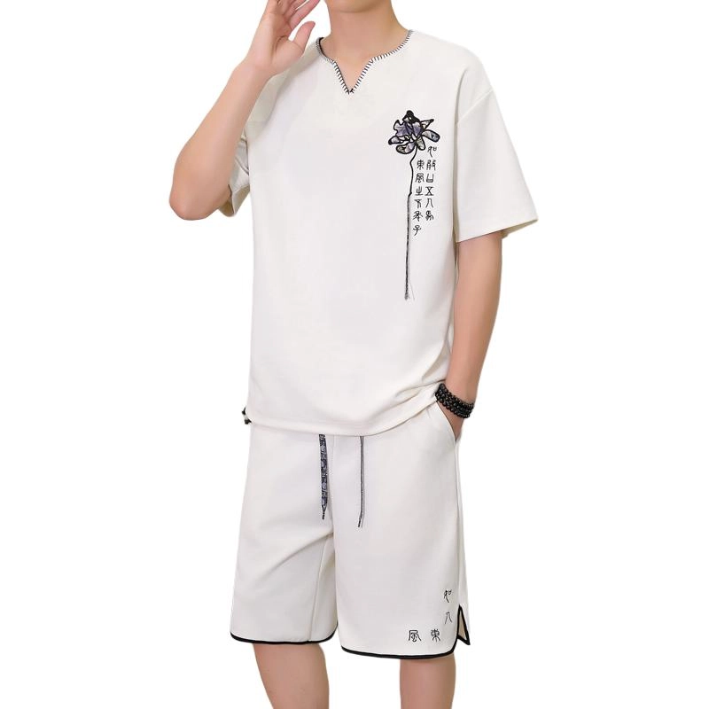 大白鲨 新中式轻奢一套衣服夏季国风两件套冰丝短袖短裤休闲运动套装 男女同款