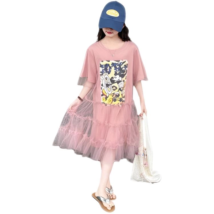 比比我女童夏季连衣裙 小女孩双层潮款网纱裙 清新公主裙 大童潮牌 百搭休闲