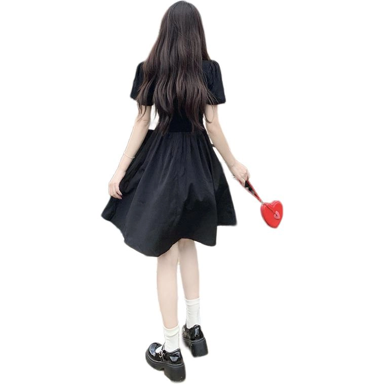 思蓓儿 法式方领假两件胖妹妹大码显瘦气质收腰高级感 短袖连衣裙 女款
