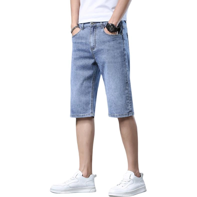 羽浅 男士夏季薄款潮流宽松直筒五分裤水洗休闲中裤弹力裤子男牛仔短裤 男女同款