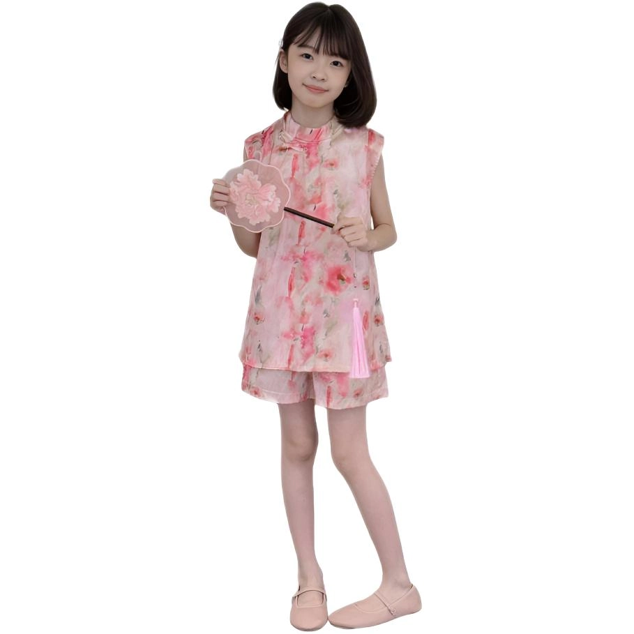 天才小熊汉服套装 女童夏季大童运动小孩衣服 小女孩 青少年花朵中国风洋气时髦 漂亮 甜美