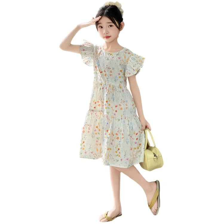 比比我女童夏季裙子 小女孩衣服 碎花连衣裙 清新公主裙 大童潮牌  百搭休闲