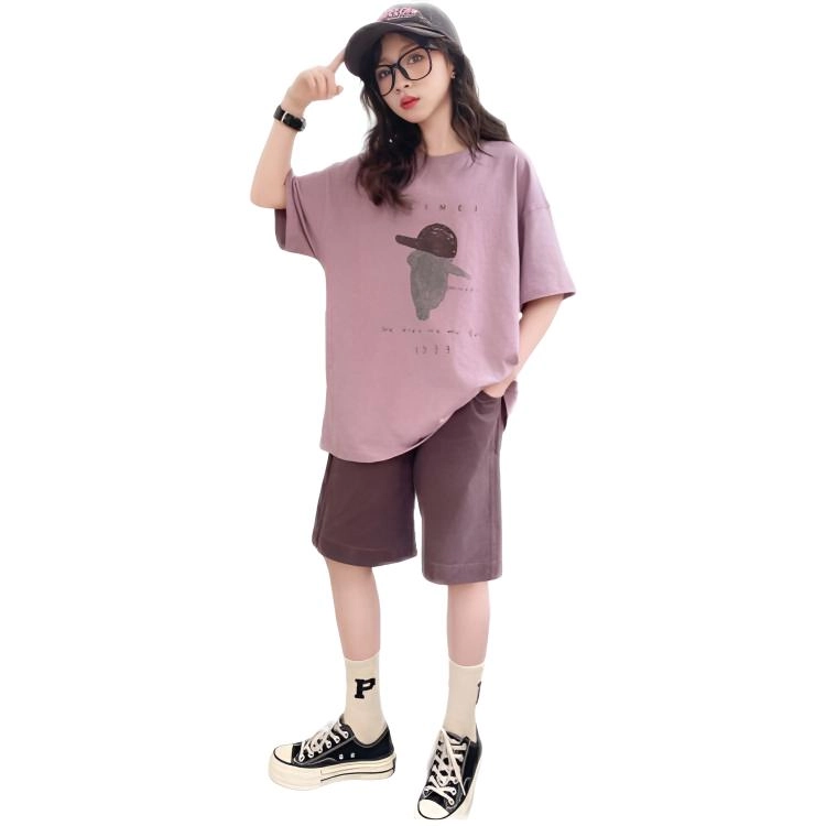 比比我休闲运动套装 女童夏季服装 大童潮牌 小孩衣服 小女孩无袖卡通人短裤套