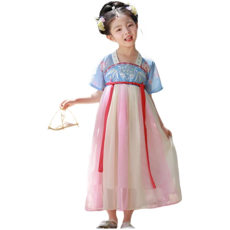 天才小熊汉服套装 女童夏季大童运动小孩衣服 小女孩 青少年蓝花香中国风洋气时髦 漂亮 甜美