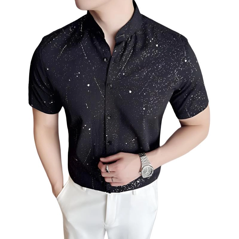 袋鼠 高级感满天星烫金滴胶时尚休闲免熨短袖立领衬衣百搭修身衬衫 男女同款