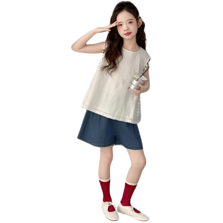 比比我休闲运动套装 女童夏季服装 大童潮牌 小孩衣服 小女孩无袖镂空牛仔短裤