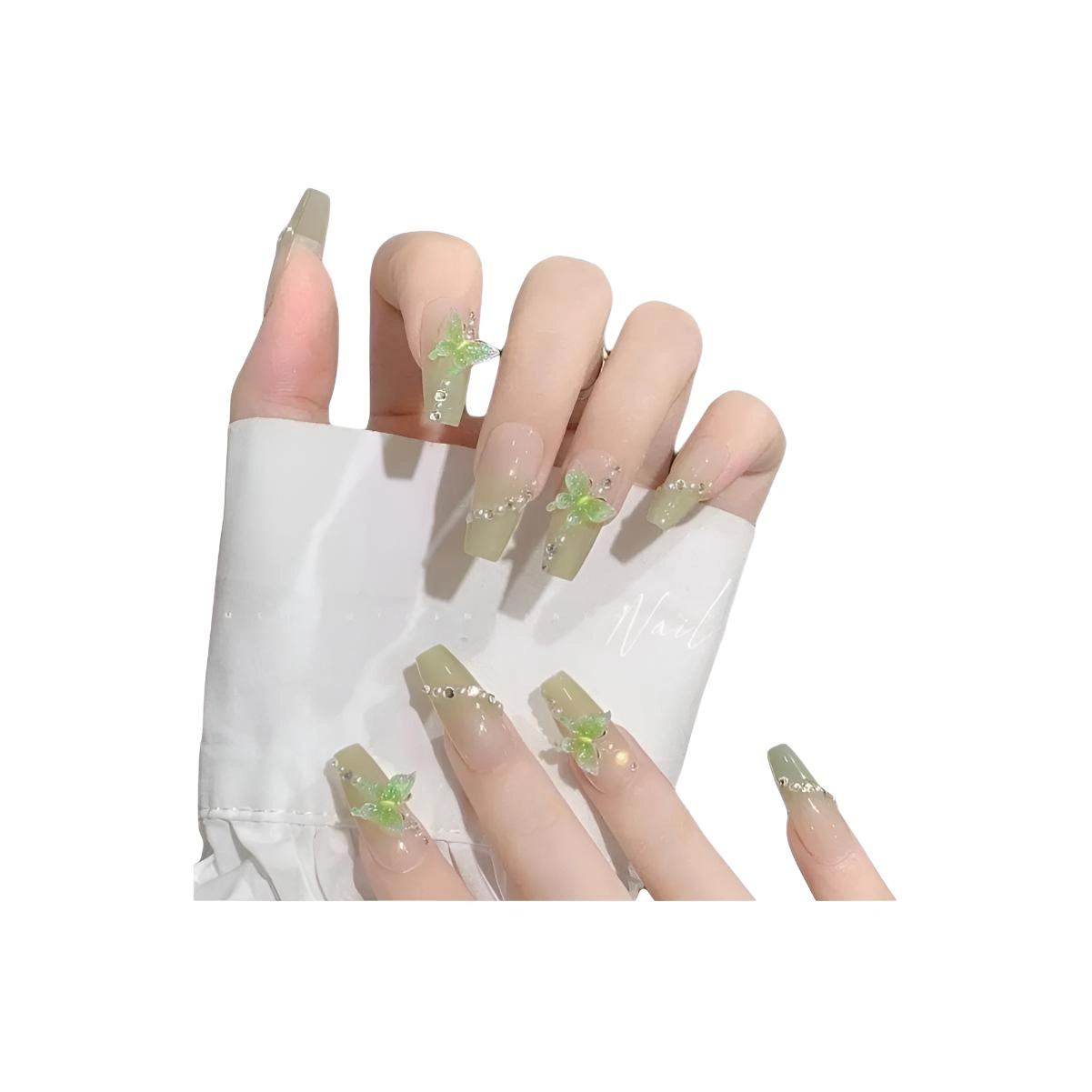 嘉比兔 清新渐变美甲甲片珍珠蝴蝶绿色指甲极光法式穿戴贴片显白  梯型绿色渐变 可爱