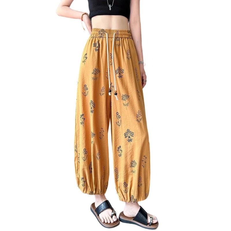 格子苔 法式印花棉麻八九分裤女夏薄款小个子显瘦宽松垂感冰丝灯笼裤 休闲裤 女款