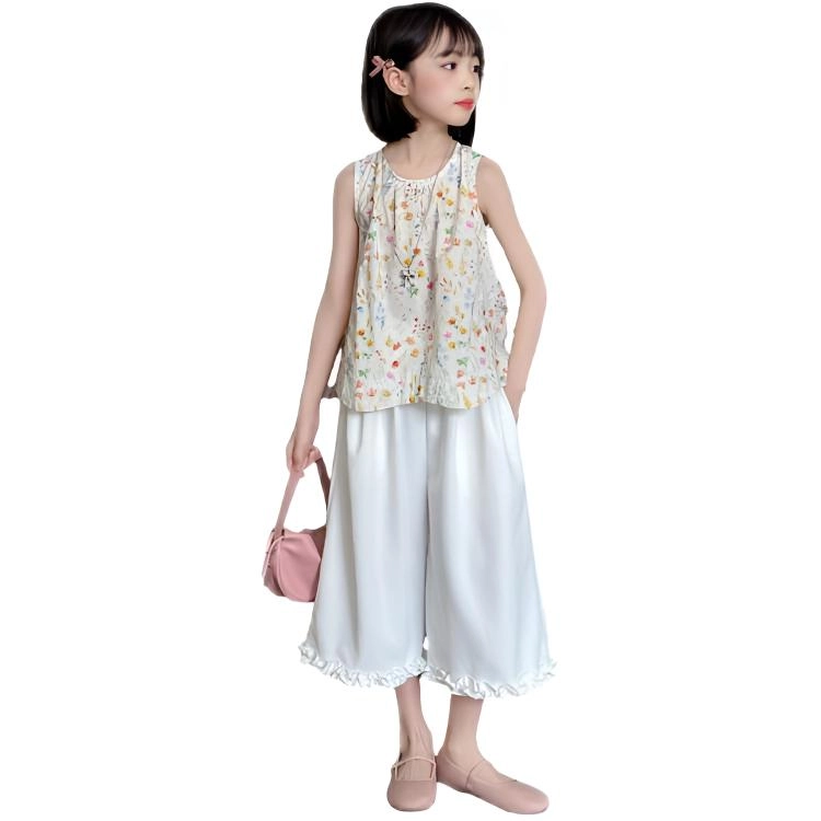 比比我儿童休闲运动套装 女童夏季 小孩衣服 小女孩无袖上衣 洋气中裤套 大童潮牌 时尚