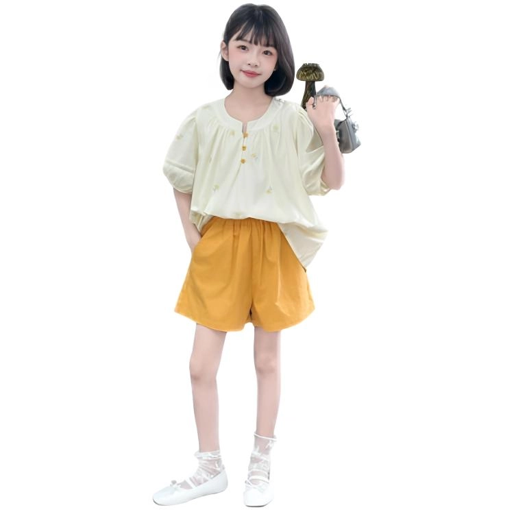 比比我儿童休闲运动套装 女童夏季 小孩衣服 小女孩泡泡袖绣花上衣 短裤套 大童潮牌