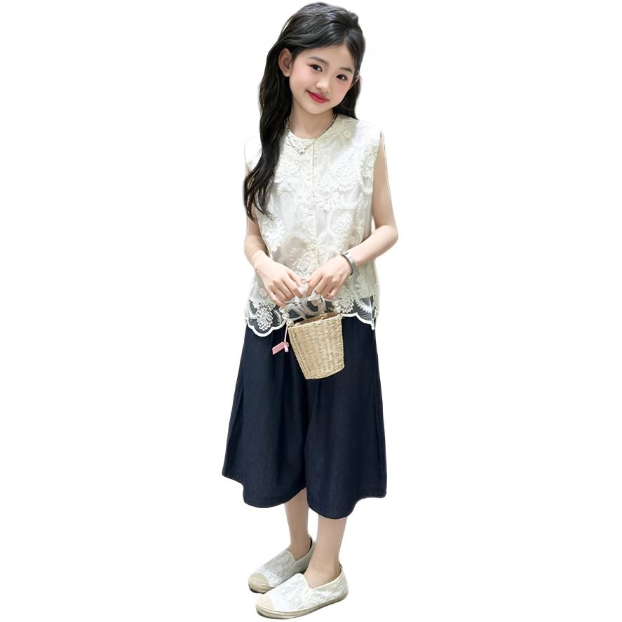 比比我儿童休闲运动套装 女童夏季服装 小孩衣服 小女孩刺绣蕾丝背心马甲牛仔裤 大童潮牌