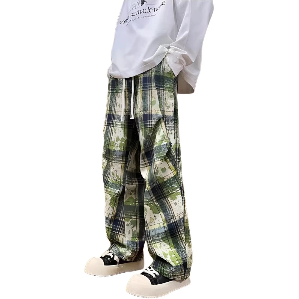 拓菲 美式扎染格子青少年酷帅褶皱设计感宽松直筒裤休闲裤 男女同款