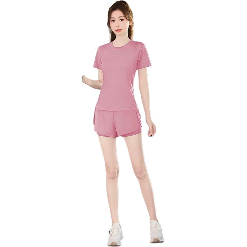 欧迪芬  女速干亲肤透气吸汗显瘦修身塑型夏季薄款女运动服两件套纯色圆领短袖上衣假两件安全短裤普拉提健身房跑步爬楼  健身套装  女款