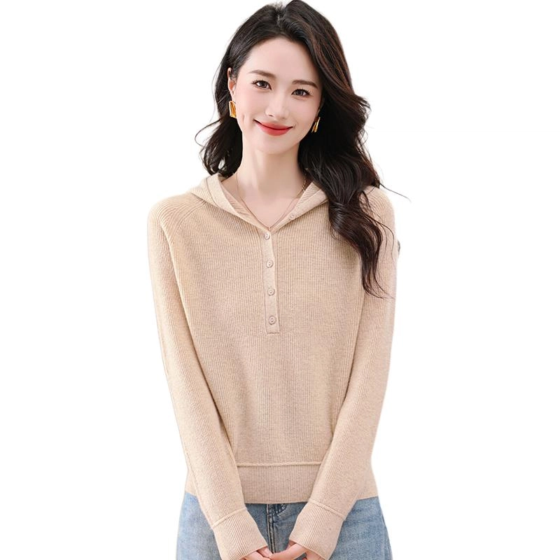 恒源祥 休闲百搭纯色连帽长袖针织衫 女款
