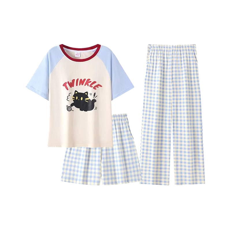 顶瓜瓜 夏季女透气舒适休闲柔软短袖三件套家居服睡衣套装 女款
