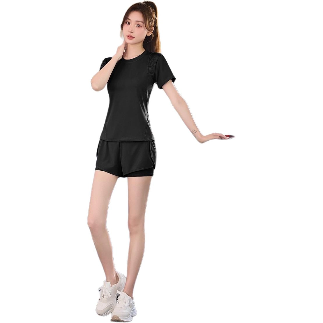 欧迪芬  女速干亲肤透气吸汗显瘦修身塑型夏季薄款女运动服两件套纯色圆领短袖上衣假两件安全短裤普拉提健身房跑步爬楼  健身套装  女款
